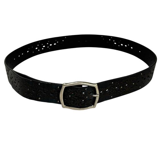 Black leather belt top stitch details laser cut nickel silver buckle & studs 42\